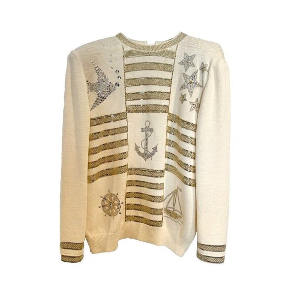 St. John Evening Nautical Cream Embellished Santana Knit Sweater Size 10 - Picture 1 of 11